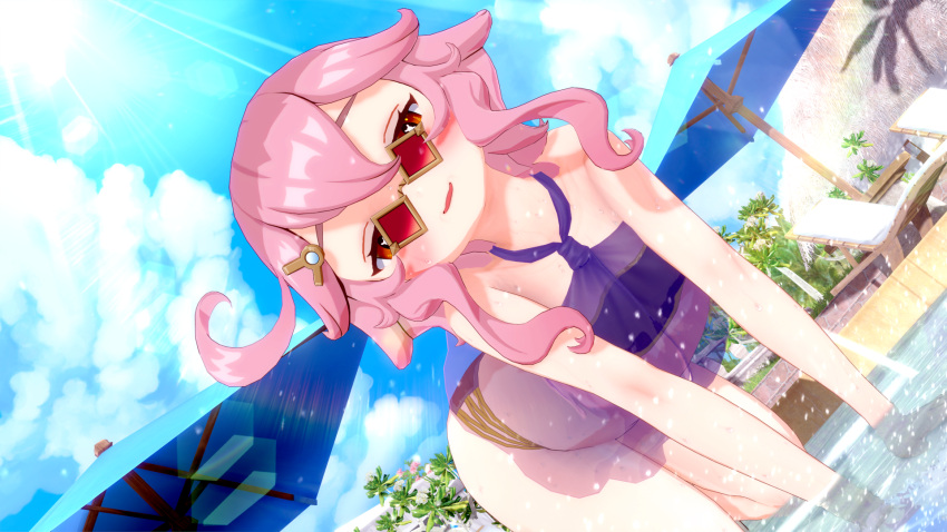 3d alternate_costume bare_shoulders dori_(genshin_impact) female genshin_impact highres koikatsu_(medium) non-web_source petite pool sarong see-through solo swimsuit