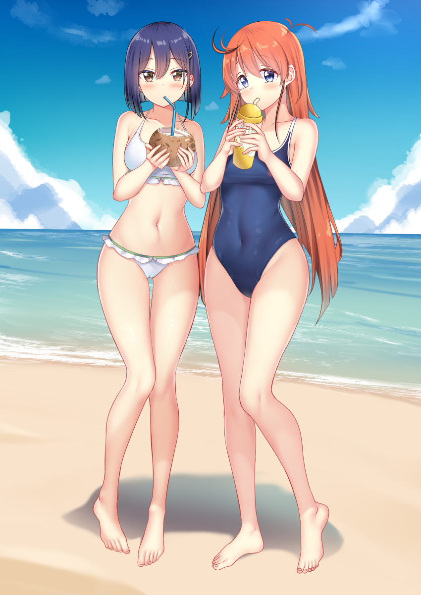 2girls absurdres bare_legs barefoot beach bikini blue_eyes blue_hair blue_one-piece_swimsuit blue_sky blush breasts brown_eyes cameltoe cloud coconut_cup commission commissioner_upload covered_navel day drink drinking_straw feet flip_flappers full_body hair_between_eyes hair_ornament hairclip highres holding kokomine_cocona long_hair looking_at_viewer medium_breasts medium_hair multiple_girls nabunabu navel non-web_source one-piece_swimsuit orange_hair outdoors papika_(flip_flappers) sand shore skin_tight sky swimsuit toenails toes white_bikini