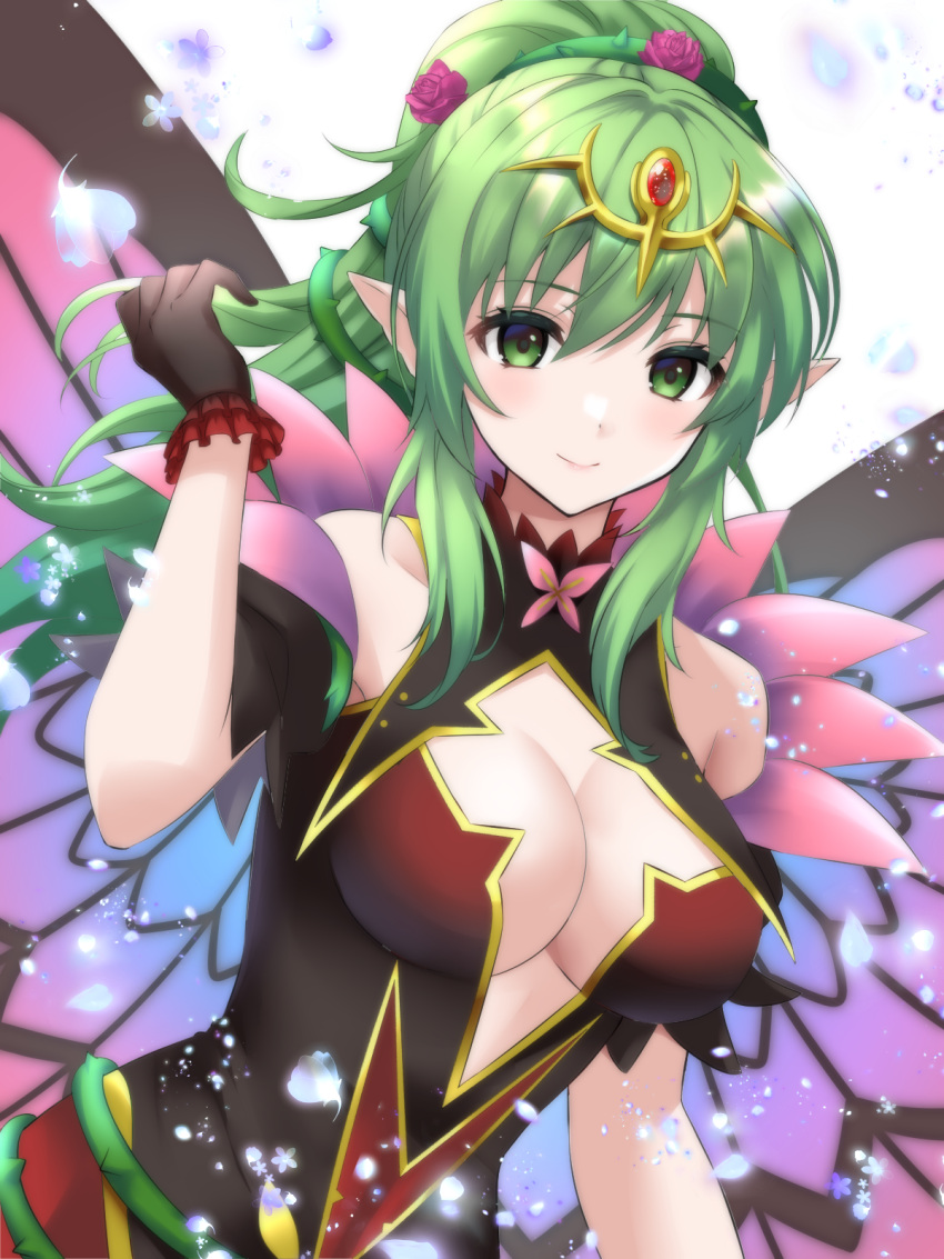 bare_shoulders black_dress black_gloves breasts cleavage cleavage_cutout closed_mouth clothing_cutout commentary_request dress fairy_wings female fire_emblem fire_emblem_awakening fire_emblem_heroes flower gloves green_eyes green_hair hair_between_eyes hair_flower hair_ornament hair_vines highres kakiko210 large_breasts looking_at_viewer official_alternate_costume petals plant pointy_ears ponytail red_flower red_rose rose sidelocks smile solo tiki_(adult)_(fire_emblem) tiki_(adult)_(resplendent)_(fire_emblem) tiki_(fire_emblem) vines white_background wings