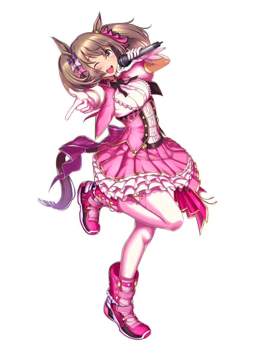 absurdres adapted_costume animal_ears blush boots commentary_request cropped_jacket dress elbow_gloves female frilled_dress frills full_body gloves highres holding holding_microphone horse_ears horse_girl horse_tail jacket leg_up microphone open_mouth pantyhose pink_dress pink_footwear pink_gloves pink_jacket puffy_short_sleeves puffy_sleeves same_kujira_(challenger_310) short_sleeves smart_falcon_(umamusume) smile solo tail teeth twintails umamusume upper_teeth_only white_pantyhose yellow_eyes