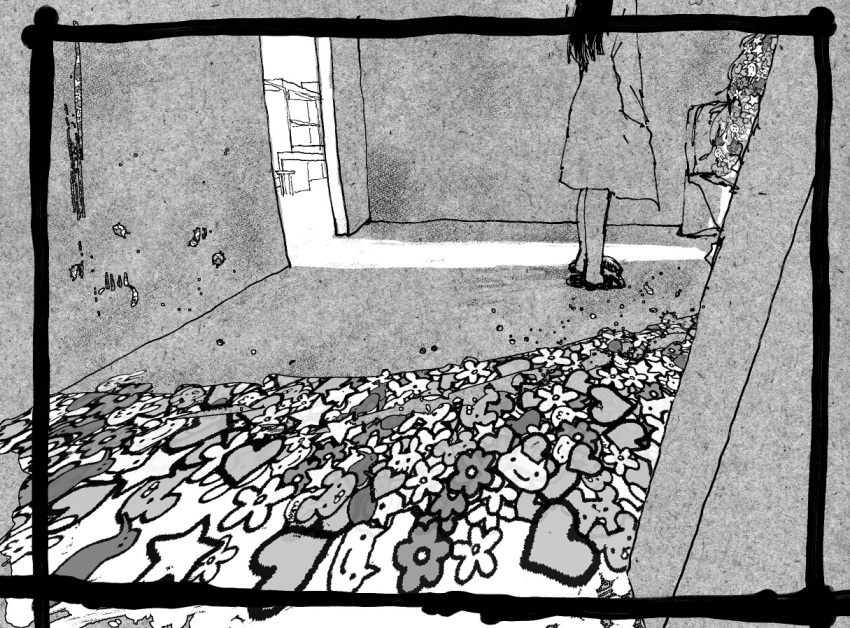 1other blood border censored commentary_request crack_of_light dark_room female flower_(symbol) greyscale hallway hand_in_pocket head_out_of_frame heart indoors kagaku_chop long_hair long_sleeves monochrome nagakura_ren novelty_censor out_of_frame outside_border payama pool_of_blood rabbit_symbol slippers standing transparent_border wide_shot