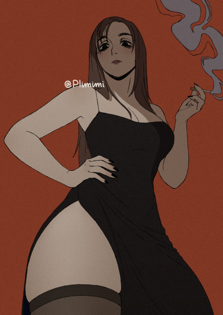 absurdres artist_name black_dress black_nails breasts brown_hair cigarette cleavage closed_mouth cowboy_shot dress female fingernails hair_over_breasts hair_over_eyes hand_on_own_hip highres holding holding_cigarette ieiri_shoko jujutsu_kaisen large_breasts lips lipstick long_hair makeup mole mole_under_eye nail_polish plimimi shadow short_dress signature smoke smoking straight_hair thick_eyebrows thighhighs thighs twitter_username