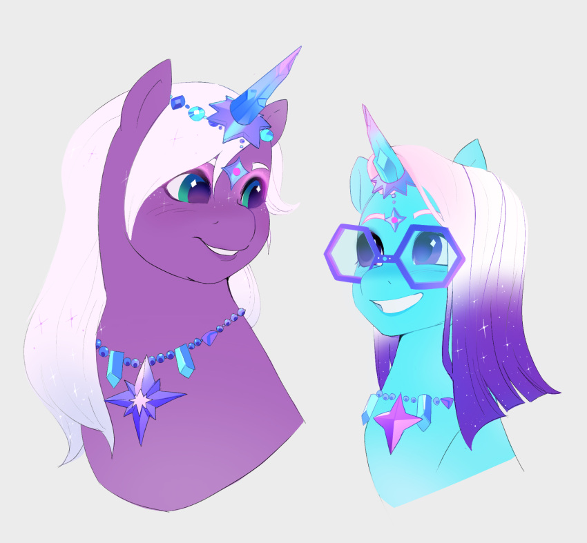 auroricorn aztrial blue_body blue_eyes blue_fur comet_(mlp) equid equine eyewear female feral fur glasses gradient_hair hair hasbro hi_res horn jewelry male mammal mlp_g5 my_little_pony mythological_creature mythological_equine mythology necklace purple_body purple_fur purple_hair smile sparkles unicorn violet_frost_(mlp) white_hair