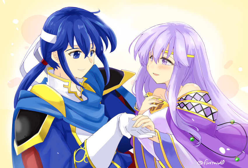 1boy absurdres bare_shoulders blue_cape blue_eyes blue_hair breasts cape circlet dress female fire_emblem fire_emblem:_genealogy_of_the_holy_war gloves headband highres holding holding_hands implied_incest jewelry julia_(fire_emblem) long_hair open_mouth ponytail purple_cape purple_eyes purple_hair seliph_(fire_emblem) simple_background smile white_gloves white_headband yukia_(firstaid0)