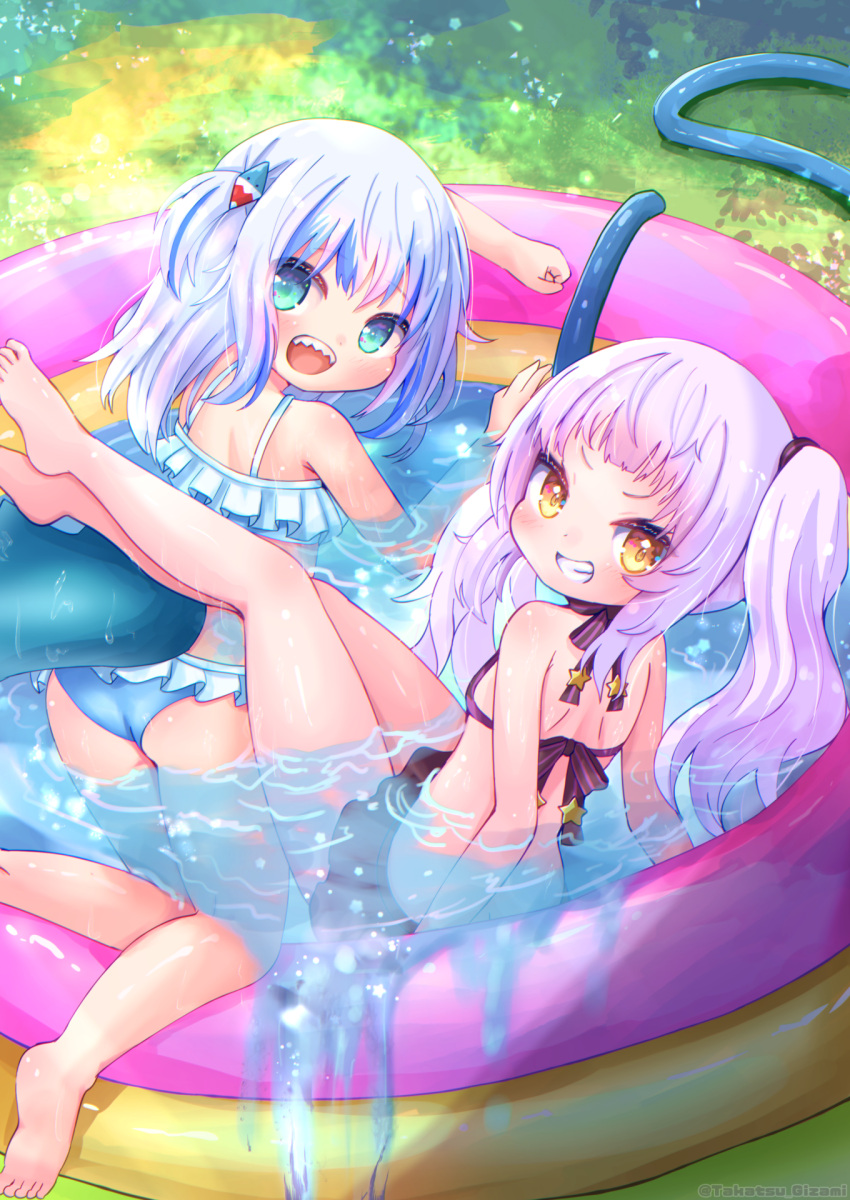 2girls barefoot bikini black_bikini black_hair blue_bikini blue_eyes commentary fins fish_tail frilled_bikini frills gawr_gura grey_hair grin hair_ornament halterneck highres hololive hololive_english mesugaki multicolored_hair multiple_girls murasaki_shion murasaki_shion_(hololive_summer_2019) open_mouth outdoors partially_submerged shark_tail sharp_teeth smile smug star_(symbol) star_hair_ornament streaked_hair swimsuit tail takatsurt teeth twintails two_side_up virtual_youtuber wading_pool white_bikini