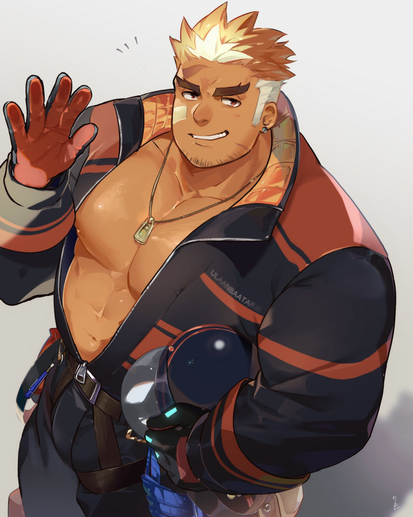 1boy bandaid bandaid_on_cheek bandaid_on_face bara bare_pectorals collarbone dark-skinned_male dark_skin dog_tags earrings facial_hair fire_helmet firefighter gloves grin helmet highres holding holding_helmet jacket jewelry jumpsuit large_pectorals looking_at_viewer male_focus multicolored_hair muscular muscular_male nanaisan_(713) nipple_slip nipples notice_lines open_jumpsuit orange_hair pectorals plump red_eyes scar scar_on_face short_hair sideburns simple_background single_earring smile solo thick_eyebrows tokyo_afterschool_summoners two-tone_hair ulaanbaatar_(housamo) waving