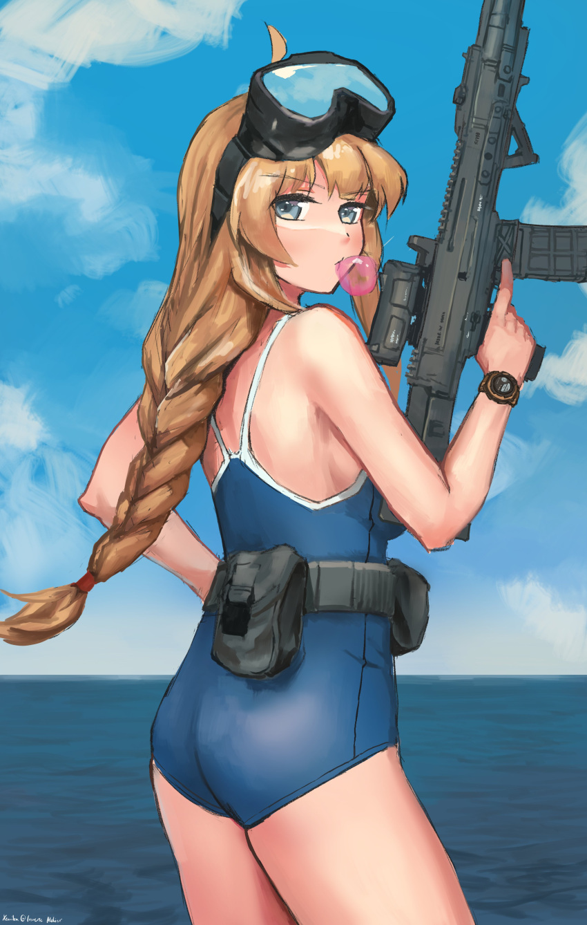 absurdres ahoge ammunition_pouch ass assault_rifle bare_shoulders blue_one-piece_swimsuit blue_sky braid braided_ponytail breasts brown_hair chewing_gum cloud cz_805_bren diving_mask diving_mask_on_head female goggles goggles_on_head grey_eyes gun highres holding holding_gun holding_weapon indie_virtual_youtuber load_bearing_vest long_hair looking_at_viewer magazine_(weapon) mario_(inverse_atelier) one-piece_swimsuit pouch rifle scope sky small_breasts solo swimsuit trigger_discipline virtual_youtuber watch water weapon whiskey_project wristwatch