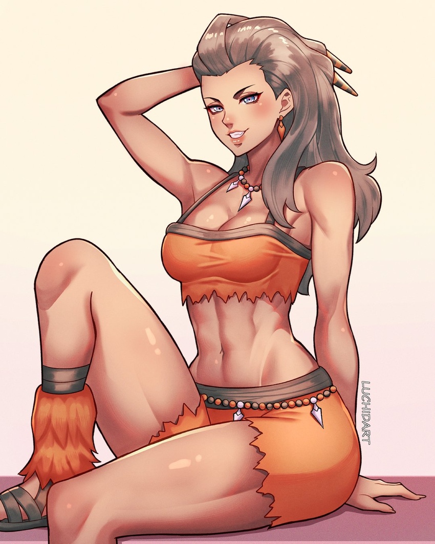 abs artist_name breasts commentary crop_top earrings english_commentary female grey_hair grin highres jewelry lips long_hair looking_at_viewer luchidart medium_breasts midriff muscular muscular_female navel necklace orange_shirt orange_shorts pink_lips pokemon pokemon_sv sada_(pokemon) sandals shirt shorts sitting sleeveless sleeveless_shirt smile solo stomach teeth