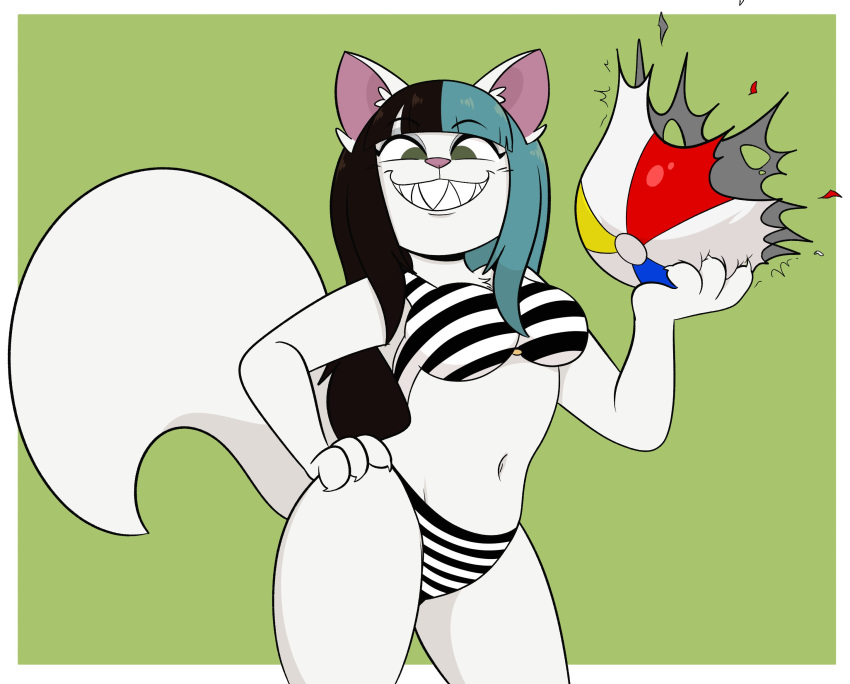 2020 4_claws 4_fingers anthro ball beach_ball bikini biped black_bikini black_bikini_bottom black_bikini_top black_clothing black_eyebrows black_hair black_swimwear blue_hair border breasts brown_eyes cat_tail chest_tuft claws clothed clothed_anthro clothed_female clothing colored digital_drawing_(artwork) digital_media_(artwork) domestic_cat eyebrow_through_hair eyebrows eyelashes felid feline felis female female_anthro finger_claws fingers fluffy fluffy_tail fur glistening glistening_hair green_background hair hand_on_hip hi_res hime_cut inflatable inner_ear_fluff kabula_(artist) long_tail looking_at_viewer looking_down looking_down_at_viewer mammal multicolored_hair navel no_pupils open_mouth open_smile pattern_bikini pattern_clothing pattern_swimwear pink_inner_ear pink_nose popping popping_ball portrait prick_ears sharp_teeth simple_background smile standing straight_hair striped_bikini striped_bikini_bottom striped_bikini_top striped_clothing striped_swimwear stripes swimwear tail teeth three-quarter_portrait three-quarter_view translucent translucent_hair tuft two_tone_hair white_bikini white_bikini_bottom white_bikini_top white_body white_border white_claws white_clothing white_ears white_fur white_inner_ear_fluff white_swimwear white_tail white_tuft