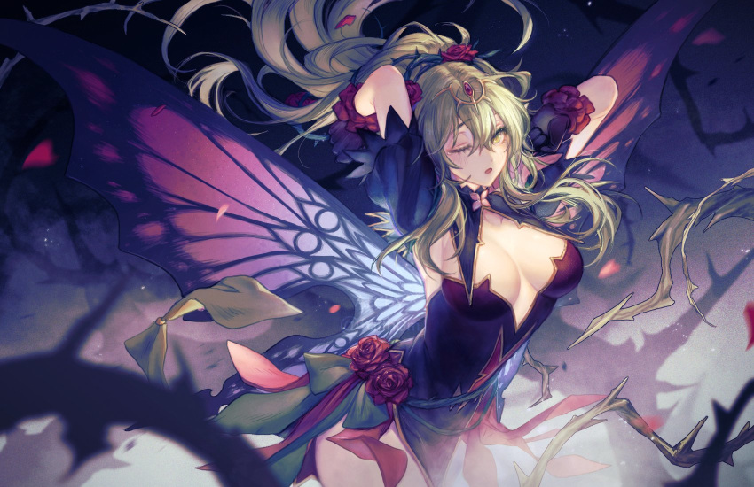 arms_up blush breasts dress faithom female fire_emblem fire_emblem_awakening fire_emblem_heroes flower green_eyes green_hair highres large_breasts long_hair official_alternate_costume pointy_ears ponytail ribbon solo tiara tiki_(adult)_(fire_emblem) tiki_(adult)_(resplendent)_(fire_emblem) tiki_(fire_emblem) wings