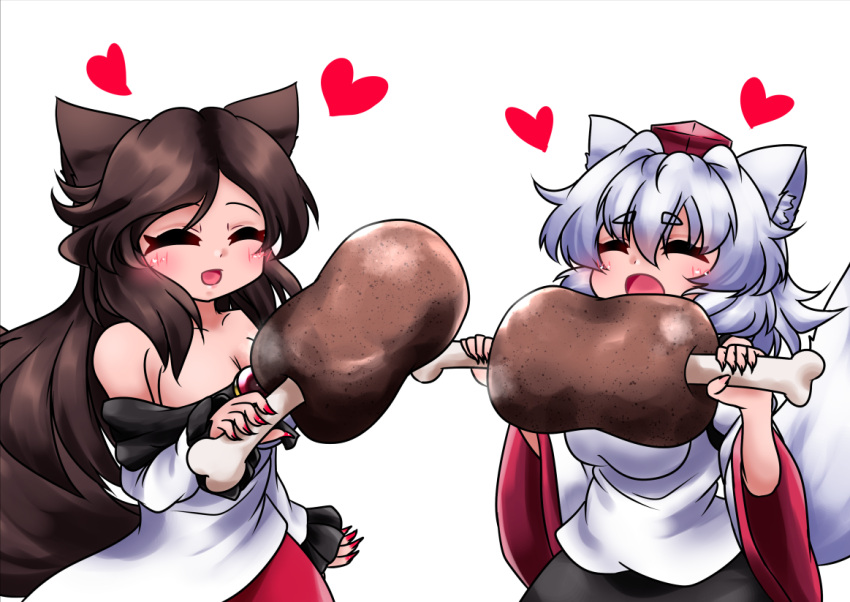 2girls :d animal_ear_fluff animal_ears black_skirt blush boned_meat breasts brown_hair cleavage closed_eyes commentary_request cowboy_shot dress eating fingernails food fuuren_udon good_meat_day hat heart holding holding_food imaizumi_kagerou inubashiri_momiji large_breasts long_hair meat medium_bangs medium_breasts multiple_girls off-shoulder_dress off_shoulder open_mouth red_brooch red_headwear red_nails sharp_fingernails shirt short_hair simple_background skirt smile tail tokin_hat touhou very_long_hair white_background white_dress white_hair white_shirt wolf_ears wolf_girl wolf_tail