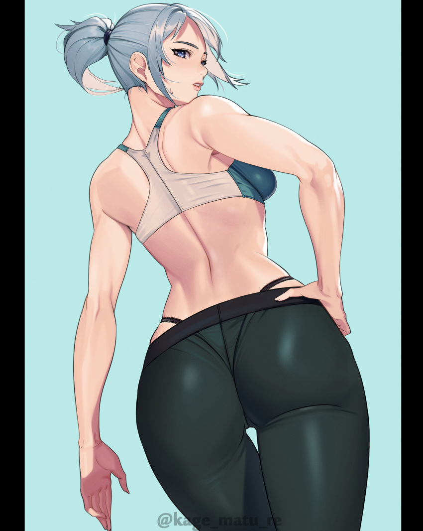 absurdres ass back black_pants blue_eyes breasts female from_behind grey_hair hand_on_own_hip highres jett_(valorant) kagematsuri looking_back medium_breasts pants panty_straps parted_lips ponytail racerback revision solo sports_bra standing thigh_gap tight_clothes tight_pants two-tone_sports_bra valorant yoga_pants