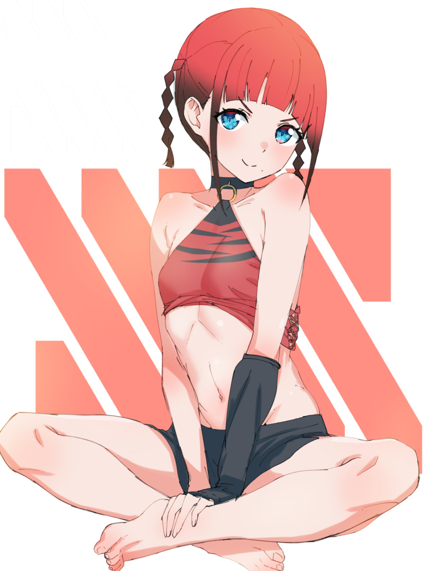 armpit_crease asukagawa_chise bare_shoulders barefoot black_choker black_shorts blue_eyes braid breasts choker closed_mouth commentary_request crop_top detached_sleeves feet female gridman_universe highres indian_style kamidan looking_at_viewer mole mole_under_mouth navel o-ring red_hair short_hair short_shorts shorts single_detached_sleeve sitting sleeveless small_breasts smile solo split_mouth ssss.dynazenon toes twin_braids twintails v-shaped_eyebrows