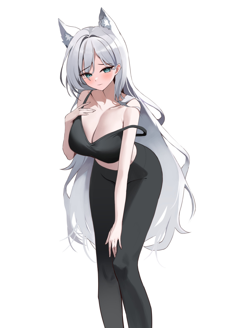 absurdres alternate_costume animal_ear_fluff animal_ears bare_arms black_camisole black_pants blue_archive blush breasts camisole closed_mouth collarbone commentary_request embarrassed extra_ears feet_out_of_frame female grey_eyes grey_hair hair_intakes hand_on_own_knee highres korean_commentary large_breasts leaning_forward long_hair magya416 mismatched_pupils mixed-language_commentary no_halo pants shiroko_(blue_archive) shiroko_terror_(blue_archive) simple_background sleeveless solo strap_slip very_long_hair white_background wolf_ears wolf_girl