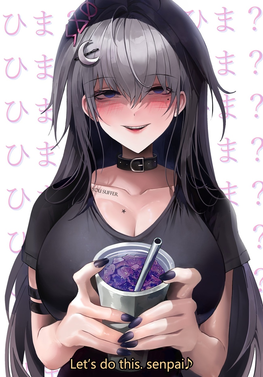 ? artist_name black_choker black_nails black_shirt blue_eyes breast_tattoo breasts choker cleavage corruption crescent crescent_hair_ornament cup drinking_straw english_commentary english_text eyelashes female hair_ornament highres holding holding_cup huge_breasts large_breasts lean_(drink) long_eyelashes long_hair original shirt star_tattoo subtitled suou-sensei tattoo translation_request upper_body white_background