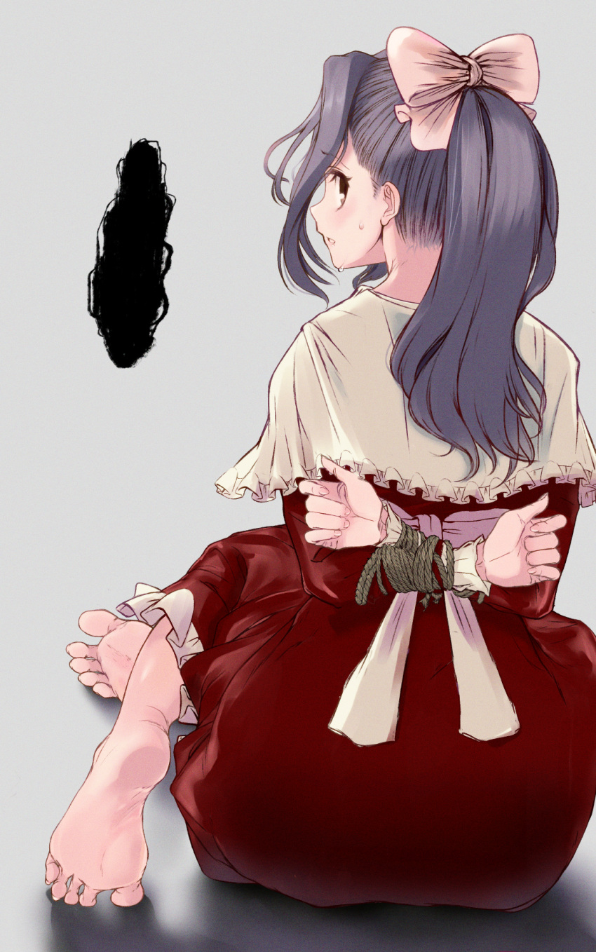 arms_behind_back barefoot bondage bondage bondage bound capelet commentary_request dress female frilled_dress frills gakkou_no_kaidan_(anime) highres koigakubo_momoko long_hair purple_hair red_dress restrained rope sitting soles solo sweat takeguchi_kouhei white_capelet