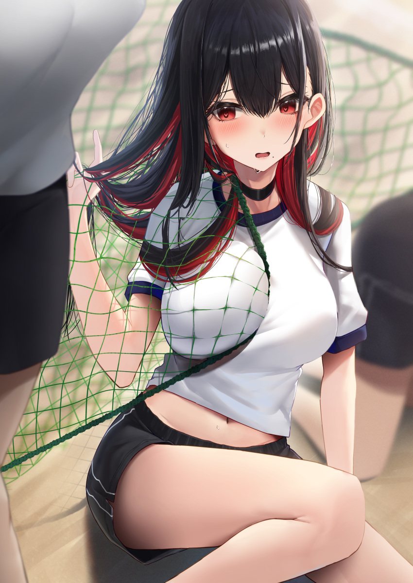 3girls absurdres amane_sora between_breasts black_choker black_hair black_shorts blurry blurry_background blush breasts choker commentary_request hair_focus hand_in_own_hair hand_up heart heart-shaped_pupils highres large_breasts long_hair midriff mole mole_under_mouth multicolored_hair multiple_girls navel net open_mouth original partial_commentary red_eyes red_hair shirt short_sleeves shorts sitting solo_focus streaked_hair sweat symbol-shaped_pupils white_shirt