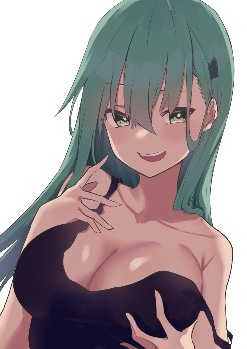 absurdres alternate_costume aqua_hair black_tank_top breasts cleavage collarbone commentary_request female good_meat_day green_eyes hair_ornament hairclip highres kantai_collection lanthan large_breasts long_hair open_mouth simple_background solo strap_slip suzuya_(kancolle) tank_top teeth upper_body upper_teeth_only white_background