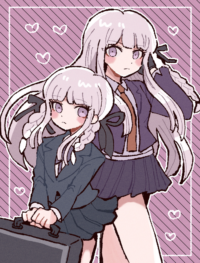 2girls 30en_(esx5g) black_gloves black_jacket black_ribbon black_skirt blush_stickers braid briefcase brown_necktie collared_shirt cowboy_shot danganronpa:_trigger_happy_havoc danganronpa_(series) danganronpa_kirigiri dual_persona frown gloves grey_hair grey_shirt hair_ribbon hand_up heart highres holding holding_briefcase jacket kirigiri_kyoko long_hair long_sleeves miniskirt multiple_girls necktie open_clothes open_jacket pink_background pink_eyes pleated_skirt purple_jacket ribbon shirt single_braid skirt twin_braids twintails