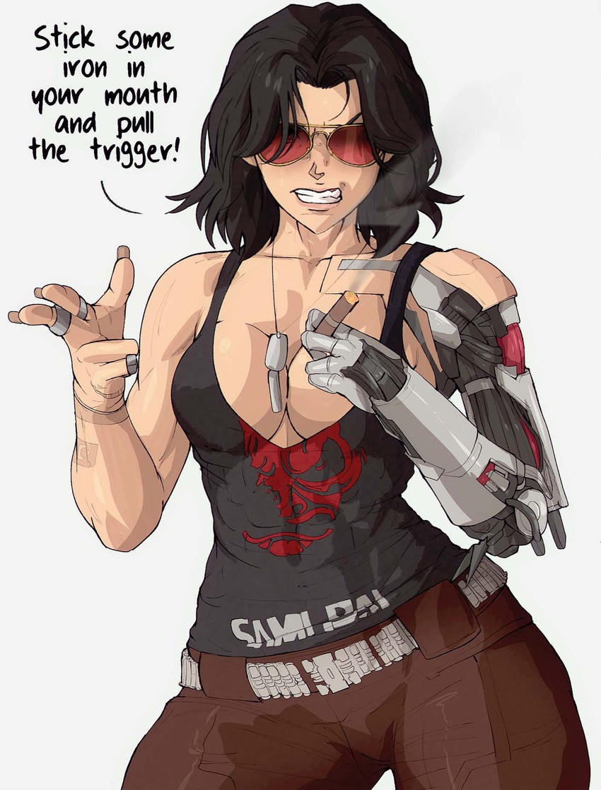 black_hair black_tank_top breasts brown_pants cigar cleavage commentary cyberpunk_(series) cyberpunk_2077 cyborg dog_tags english_text female finger_gun fingernails genderswap_(mtf) grin highres holding holding_cigar jewelry johnny_silverhand large_breasts long_fingernails mechanical_arms necklace pants plunging_neckline red-tinted_eyewear ring rule_63 single_mechanical_arm smile solo sunglasses tank_top tinted_eyewear yoracrab