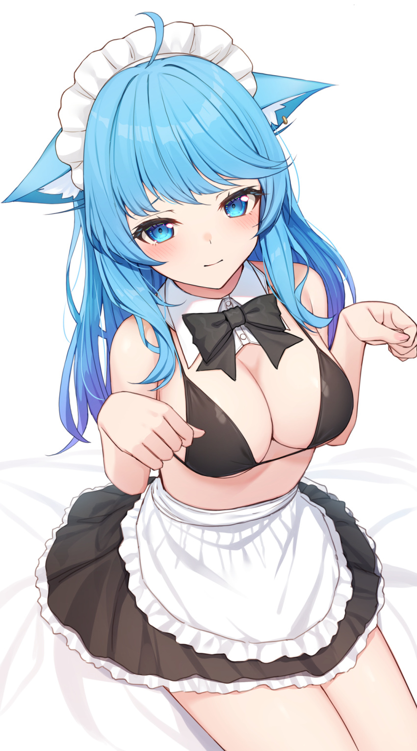 ahoge animal_ear_fluff animal_ears apron bed_sheet bikini black_bikini black_bow black_bowtie black_skirt blue_eyes blue_hair bow bowtie breasts closed_eyes closed_mouth commentary_request detached_collar dog_ears dog_girl female frilled_apron frilled_skirt frills furrowed_brow hands_up highres large_breasts light_blush light_smile looking_at_viewer maid_headdress nanashi_inc. nishino_eri paw_pose simple_background sitting skirt solo souya_ichika swimsuit virtual_youtuber waist_apron white_apron white_background