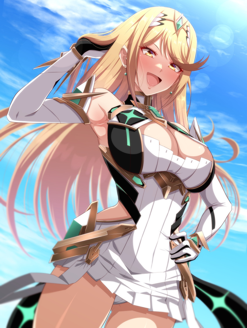 absurdres arm_guards backless_dress backless_outfit bare_legs bare_shoulders blonde_hair blue_sky breasts cleavage_cutout clothing_cutout cowboy_shot dress drop_earrings earrings elbow_gloves female gloves hand_on_own_hip highres jewelry long_hair looking_at_viewer mebi_il microdress mythra_(xenoblade) panties pantyshot sky sleeveless sleeveless_dress smile solo star_(symbol) star_earrings swept_bangs tiara underwear white_dress xenoblade_chronicles_(series) xenoblade_chronicles_2