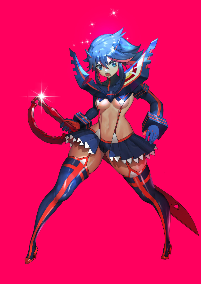 absurdres armor bakuzan black_hair blue_eyes boots breasts cameltoe female gloves highres horns kill_la_kill large_breasts liutiao looking_to_the_side matoi_ryuuko midriff multicolored_hair navel open_mouth pauldrons pleated_skirt red_background red_hair revealing_clothes scissor_blade_(kill_la_kill) senketsu short_hair shoulder_armor simple_background skindentation skirt sparkle sparkling_aura streaked_hair suspenders thigh_boots thighhighs two-tone_hair underboob