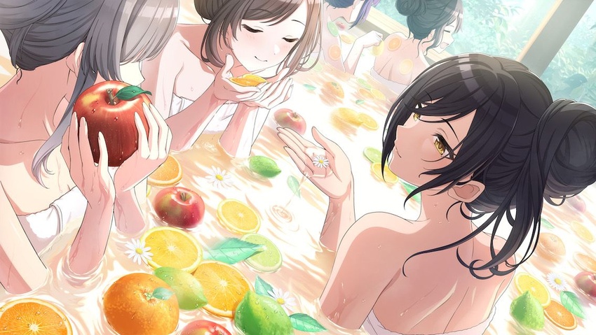 5girls apple bare_shoulders bath blush collarbone food fruit fruit_on_liquid hair_bun holding holding_food holding_fruit idolmaster idolmaster_shiny_colors l'antica_(idolmaster) light_smile median_furrow mitsumine_yuika multiple_girls naked_towel official_art ofuro orange_(fruit) partially_submerged same-sex_bathing shared_bathing shirase_sakuya shoulder_blades single_hair_bun tanaka_mamimi towel tsukioka_kogane water_drop yukoku_kiriko