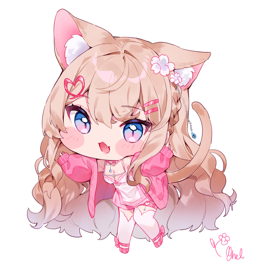 :d animal_ear_fluff animal_ears bare_shoulders blue_eyes blush_stickers braid breasts brown_hair camisole cat_ears cat_girl cat_tail cheli_(kso1564) chibi cleavage commentary female flower full_body hair_between_eyes hair_flower hair_ornament hairclip heart heart_hair_ornament highres jacket long_sleeves looking_at_viewer medium_breasts oerba_yun_fang official_alternate_costume open_clothes open_jacket pink_footwear pink_jacket pink_skirt puffy_long_sleeves puffy_sleeves sakurai_hana shoes signature simple_background skirt sleeves_past_wrists smile solo tail thighhighs vdonburi virtual_youtuber white_background white_camisole white_flower white_thighhighs