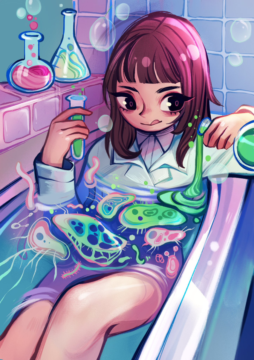 bare_legs bathroom bathtub brown_hair bubble chemicals chemistry commentary english_commentary feefal female highres lab_coat medium_hair microbe original potion scientist tile_wall tiles tongue tongue_out vial water window