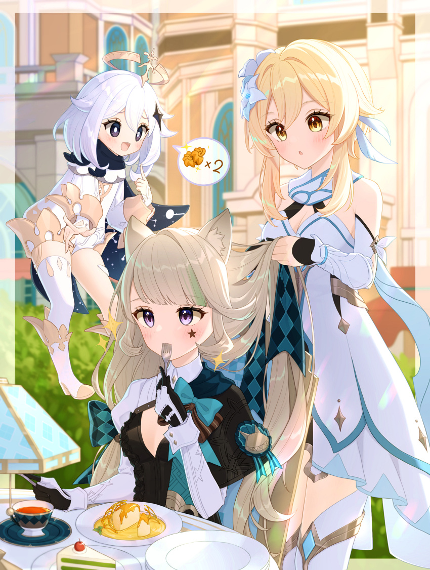 3girls :d :o absurdres animal_ear_fluff animal_ears aqua_bow aqua_bowtie award_ribbon black_cape black_capelet black_eyes black_gloves black_leotard blonde_hair blunt_bangs blurry blurry_background blush boots border bow bowtie breasts bright_pupils brown_bow brown_bowtie building bush cake cake_slice cape capelet cat_ears cat_girl cherry cleavage closed_mouth commentary_request cup desk_lamp dress eyelashes facial_mark fingerless_gloves flower flying food fork fruit genshin_impact gloves gold_trim green_hair grey_hair hair_between_eyes hair_flower hair_ornament hairbow halo hand_up highres holding holding_another's_hair holding_fork holding_knife ile_flottante index_finger_raised juliet_sleeves knife lamp leotard long_hair long_sleeves lumine_(genshin_impact) lynette_(genshin_impact) madeleine medium_breasts medium_hair multicolored_hair multiple_girls neneko_sleep open_mouth outside_border paimon_(genshin_impact) plate puffy_sleeves purple_eyes raised_eyebrows romper saucer short_hair_with_long_locks shrug_(clothing) sidelocks single_thighhigh sitting sleeve_cuffs sleeveless sleeveless_dress smile sparkle speech_bubble standing star_(symbol) star_facial_mark star_hair_ornament table tea teacup thighhighs transparent_border two-tone_gloves tying_another's_hair vambraces very_long_hair white_cape white_dress white_flower white_footwear white_gloves white_hair white_pupils white_romper white_thighhighs wing_collar yellow_eyes