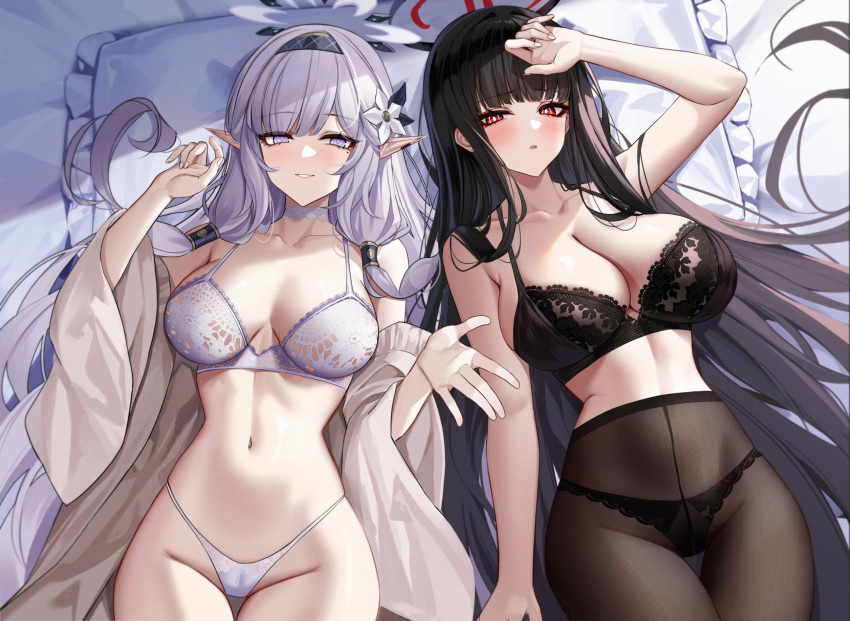 2girls bed_sheet black_bra black_hair black_hairband black_panties black_pantyhose blue_archive blush bra breasts bright_pupils collarbone cowboy_shot eternity_(shadeh) flower grey_hair groin hair_flower hair_ornament hair_spread_out hairband hairpin halo highres himari_(blue_archive) large_breasts long_hair looking_at_viewer medium_breasts mole mole_under_eye multiple_girls navel open_mouth panties pantyhose parted_lips pillow pointy_ears purple_eyes red_eyes rio_(blue_archive) smile stomach striped_clothes striped_hairband underwear very_long_hair white_bra white_flower white_panties white_pupils