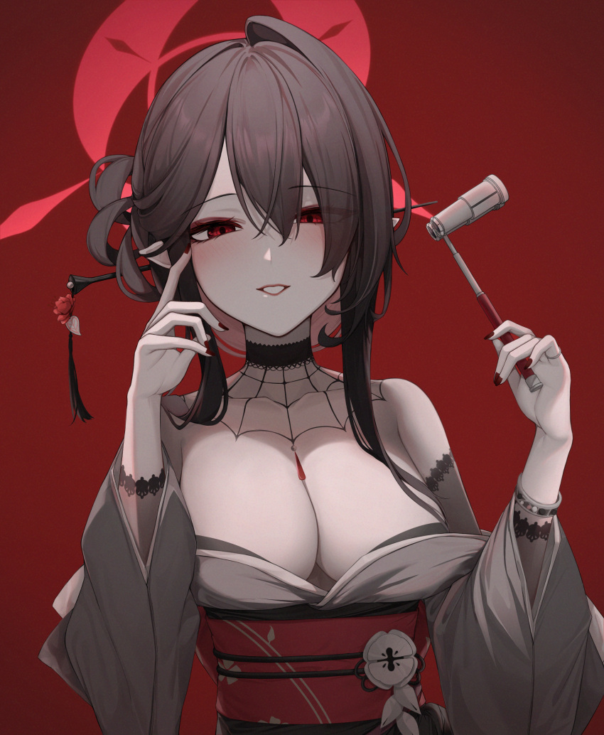 absurdres black_hair blue_archive blush breasts cleavage commentary_request female goth_fashion grey_kimono hair_between_eyes hair_ornament hair_stick halo highres holding japanese_clothes kimono kokuriko_(blue_archive) large_breasts long_hair long_sleeves oar_21 obi open_mouth opera_glasses red_background red_eyes red_halo sash simple_background solo upper_body wide_sleeves