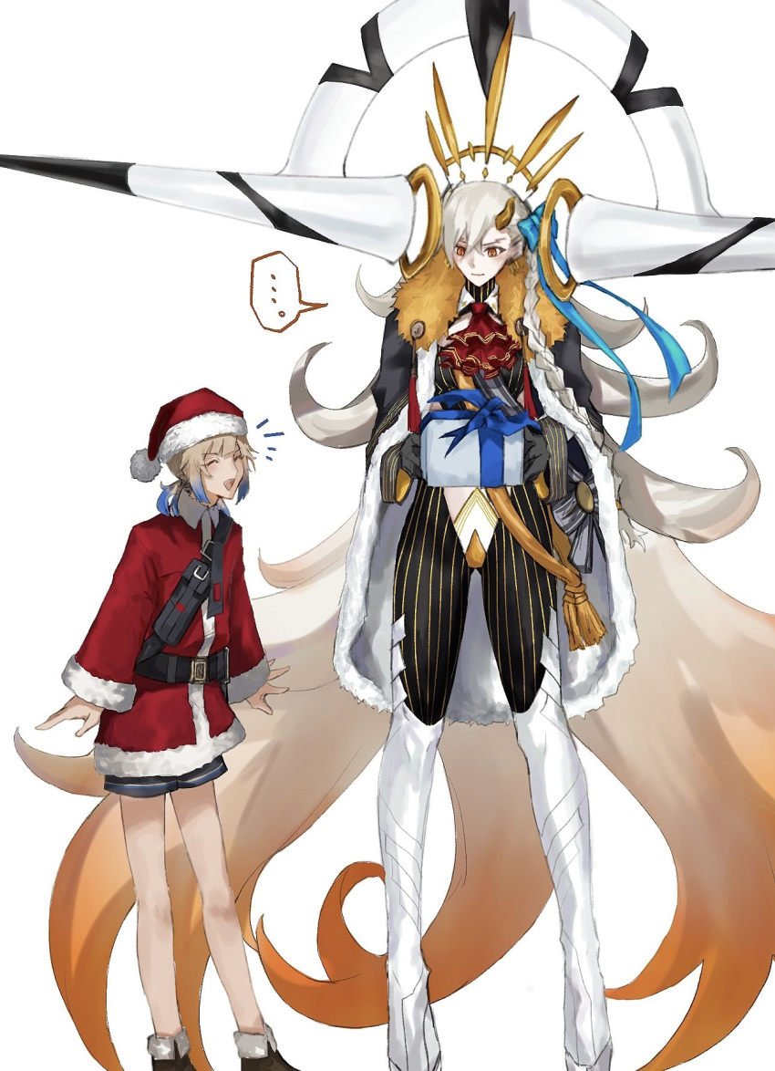 ... 1boy ascot belt belt_buckle black_belt black_cape black_gloves blue_hair bodysuit box braid brown_footwear brown_hair buckle cape christmas christmas_present closed_eyes closed_mouth commentary_request fate/grand_order fate_(series) female fur-trimmed_cape fur-trimmed_headwear fur-trimmed_jacket fur-trimmed_sleeves fur_trim fuyotan gift gift_box gloves gradient_hair hair_ornament hat highres holding holding_gift horns jacket long_hair marine_nemo_(fate) medium_hair multicolored_hair nemo_(fate) olga_marie_animusphere open_mouth orange_hair red_ascot red_headwear red_jacket santa_costume santa_hat shoes side_braid simple_background single_horn smile two-tone_hair u-olga_marie very_long_hair white_background white_footwear white_hair yellow_eyes yellow_horns