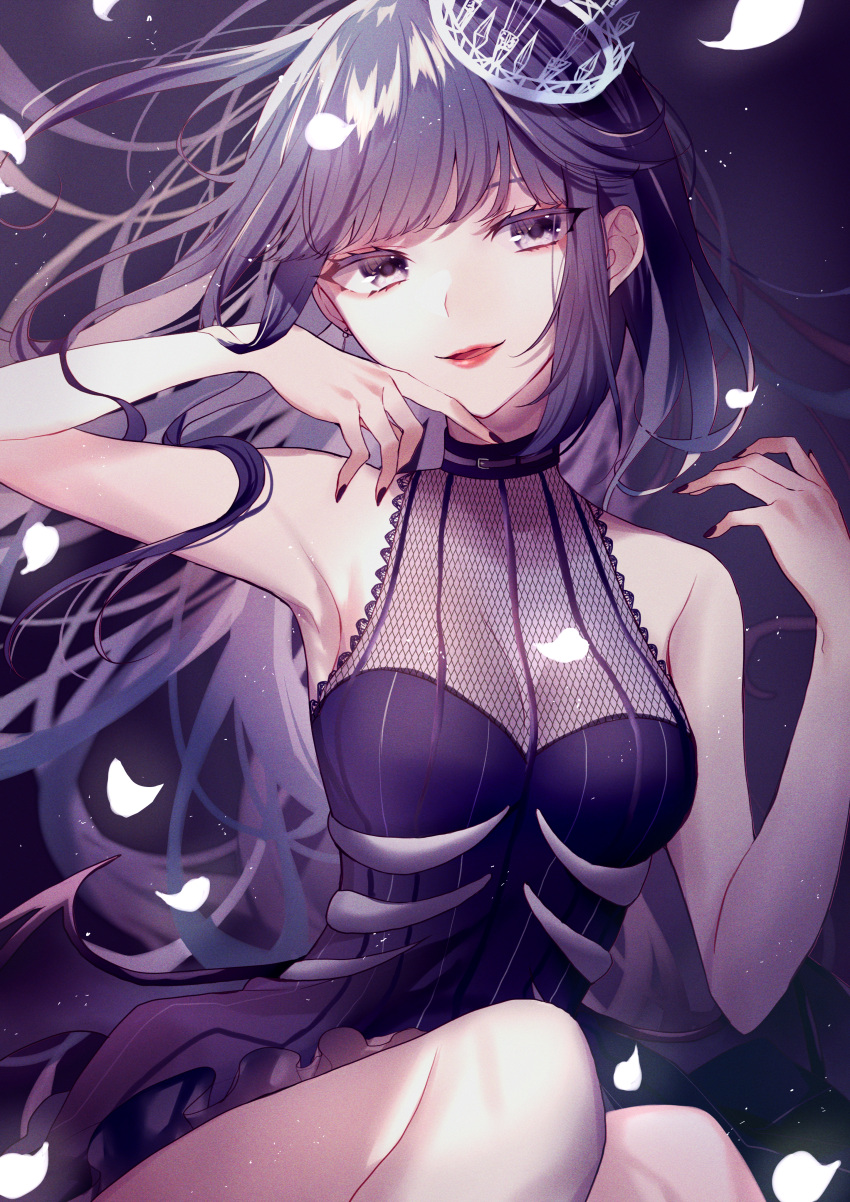 absurdres akikuriii armpits bad_id bad_pixiv_id black_background black_dress black_hair black_nails blunt_bangs breasts cleavage crown dress falling_petals feet_out_of_frame female grey_eyes hand_to_own_mouth hands_up highres knees_together_feet_apart light_particles lilith_(shining_nikki) lipstick long_hair looking_at_viewer makeup nail_polish nikki_(series) parted_lips petals pinstripe_dress pinstripe_pattern red_lips ribs see-through see-through_cleavage shining_nikki short_dress sitting sleeveless sleeveless_dress smile striped