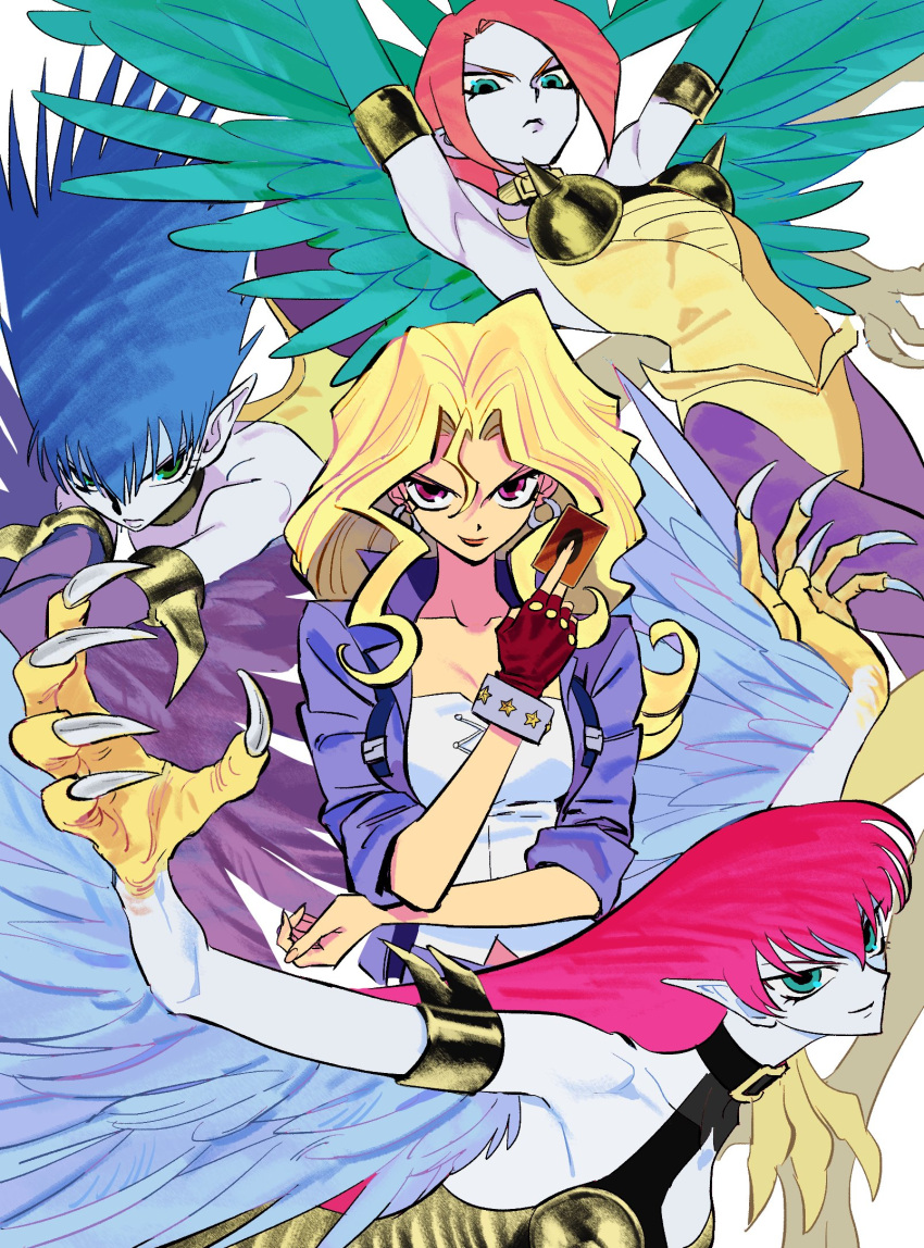 4girls aqua_eyes aqua_wings bare_shoulders blonde_hair blue_hair blue_wings card character_request claws collar collarbone earrings fingerless_gloves gloves green_eyes harpie_lady harpie_lady_(normal_monster) harpie_lady_1 harpie_lady_2 harpie_lady_3 harpie_lady_sisters highres holding holding_card jacket jewelry kujaku_mai leotard looking_at_viewer multiple_girls nagsu_(narksuhaza) open_clothes open_jacket pink_hair pointy_ears purple_eyes purple_jacket purple_wings red_gloves shirt strapless strapless_leotard upper_body wavy_hair white_background white_shirt wings yu-gi-oh!