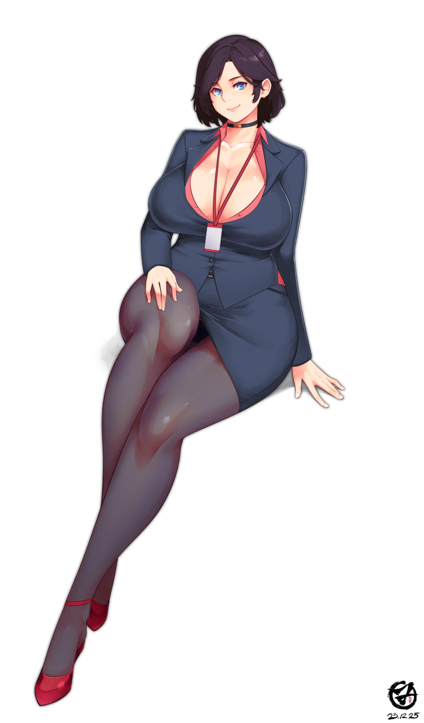 absurdres black_choker black_suit blue_eyes breasts brown_hair choker cleavage commentary commission dated dress_shirt english_commentary female high_heels highres id_card large_breasts medium_hair nachtness office_lady original pantyhose red_shirt shirt signature simple_background smile solo strappy_heels suit