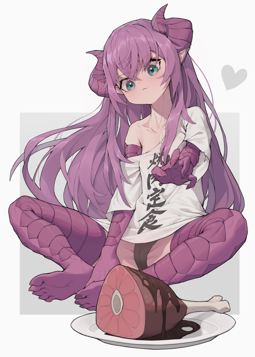 absurdres aqua_eyes black_panties blush boned_meat curled_horns female food highres horns iyasu_shikaku long_hair looking_at_food meat meikyuu_black_company panties petite pointy_ears purple_hair purple_horns purple_scales rimu_(meikyuu_black_company) scales shirt single_bare_shoulder single_off_shoulder solo underwear white_shirt