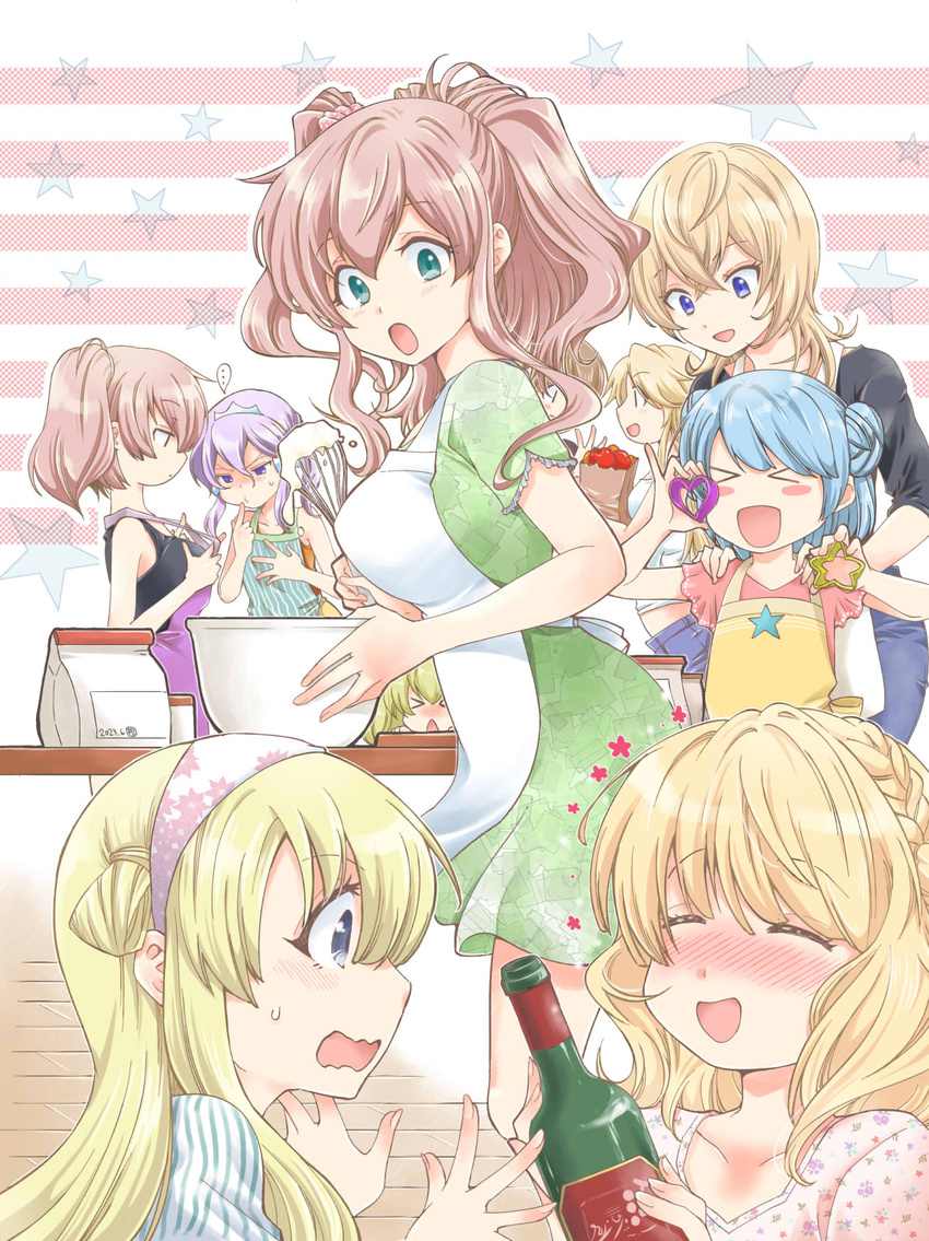 >_< ... 6+girls alcohol alternate_costume atlanta_(kancolle) bag blonde_hair blue_eyes blush bottle bowl breast_envy breasts brown_hair colorado_(kancolle) commentary_request cooking country_connection double_bun drunk fletcher_(kancolle) floral_print gambier_bay_(kancolle) hair_bun highres holding holding_bottle intrepid_(kancolle) iowa_(kancolle) kantai_collection langley_(kancolle) large_breasts long_hair matsuura@parao multiple_girls nose_blush open_mouth paper_bag purple_hair samuel_b._roberts_(kancolle) saratoga_(kancolle) shaded_face star_(symbol) sweat tuscaloosa_(kancolle) whisk