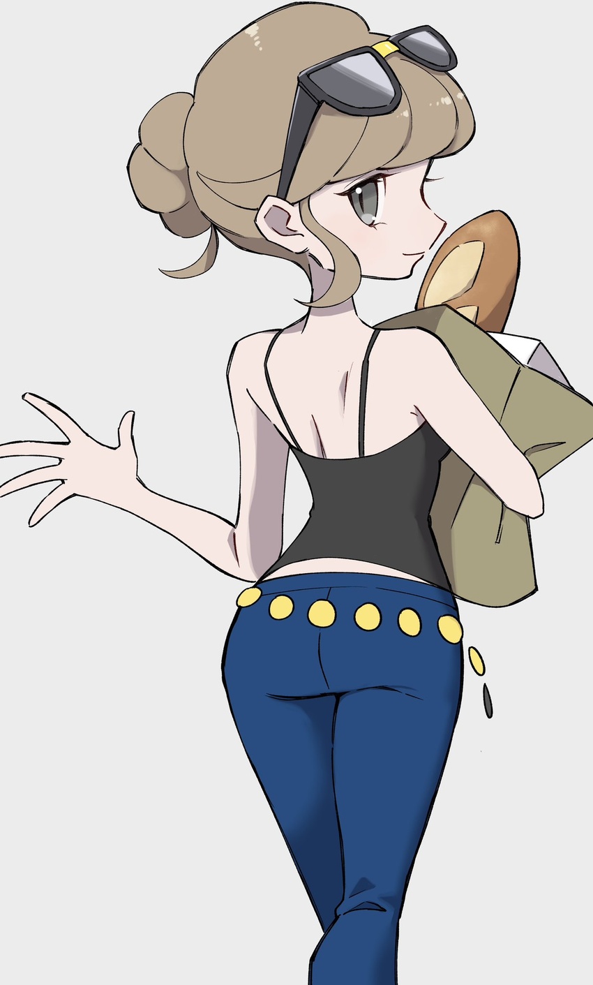 ass ayakadegozans bag baguette bare_shoulders beauty_(pokemon) blue_pants bread eyewear_on_head female food grey_background grey_eyes grocery_bag highres holding holding_bag light_brown_hair looking_at_viewer pants pokemon pokemon_xy shopping_bag smile solo sunglasses updo