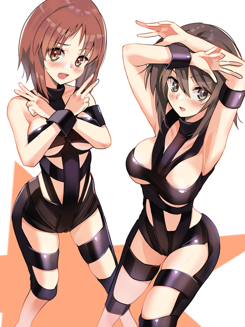 2girls absurdres alternate_costume arms_up blaze_(blazeillust) blush breasts brown_eyes brown_hair collarbone double_v girls_und_panzer highres hot_limit large_breasts looking_at_viewer multiple_girls nishizumi_maho nishizumi_miho open_mouth revealing_clothes siblings simple_background sisters t.m.revolution underboob v white_background