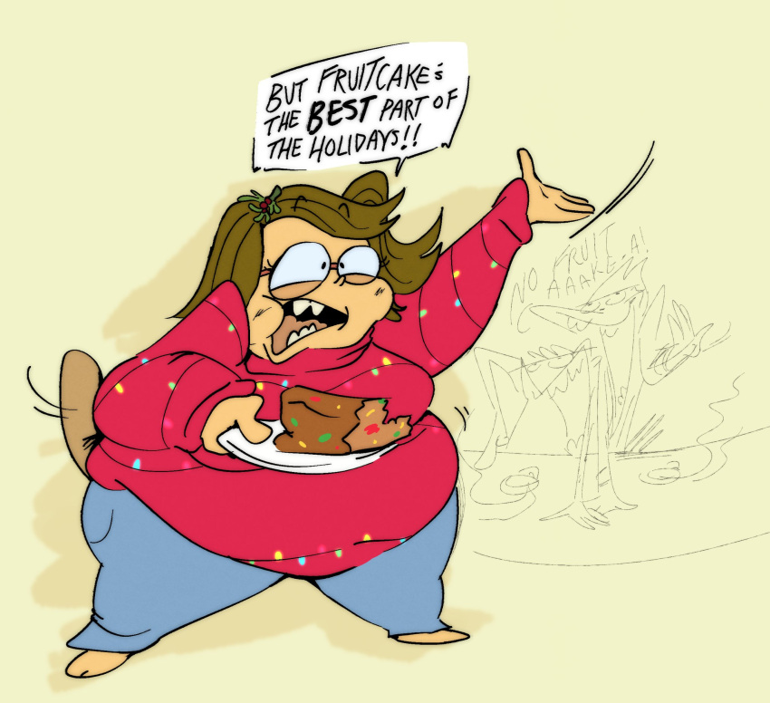 anthro ass belly big_belly big_breasts big_butt breasts brown_body brown_hair cake cartoon_network christmas clothed clothing dessert dialogue eileen_roberts eyewear female food fruit_cake glasses hair hi_res holding_plate holidays humanoid obese obese_female overweight overweight_female raised_hand red_clothing regular_show short_stack solo speech_bubble tail tpsfilthyhands wiggle_lines