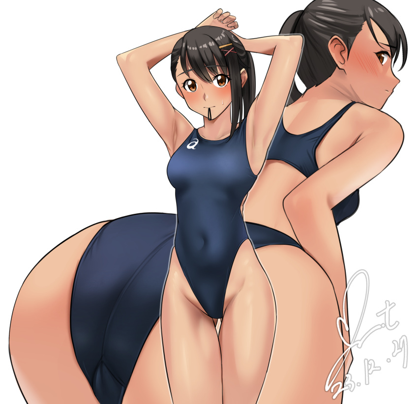 ass black_hair blush breasts brown_eyes commentary_request commission competition_swimsuit covered_navel dated female hair_ornament hair_tie hair_tie_in_mouth highleg highleg_swimsuit highres iwato_suzume looking_at_viewer mouth_hold one-piece_swimsuit pixiv_commission ponytail signature simple_background solo suzume_no_tojimari swimsuit thigh_gap yoo_tenchi