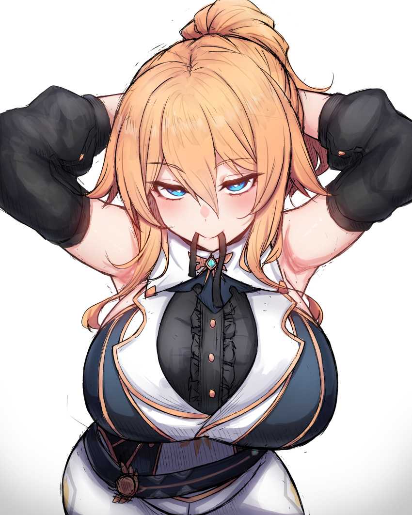 absurdres armpits arms_behind_head arms_up black_sleeves blue_eyes blush breasts bright_pupils center_frills contrapposto cowboy_shot detached_sleeves female frills from_above genshin_impact gold_trim hair_between_eyes hair_ribbon half-closed_eyes highres huge_breasts jean_(genshin_impact) jean_(gunnhildr's_legacy)_(genshin_impact) long_bangs long_hair looking_at_viewer mouth_hold orange_hair ponytail revision ribbon rikuguma simple_background smile solo upturned_eyes white_background white_pupils