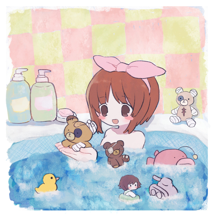 akiyama_yukari bath bathing blush boko_(girls_und_panzer) brown_eyes brown_hair character_doll female girls_und_panzer hairband highres holding holding_stuffed_toy nishizumi_miho open_mouth ri_(qrcode) rubber_duck short_hair smile solo stuffed_animal stuffed_toy teddy_bear