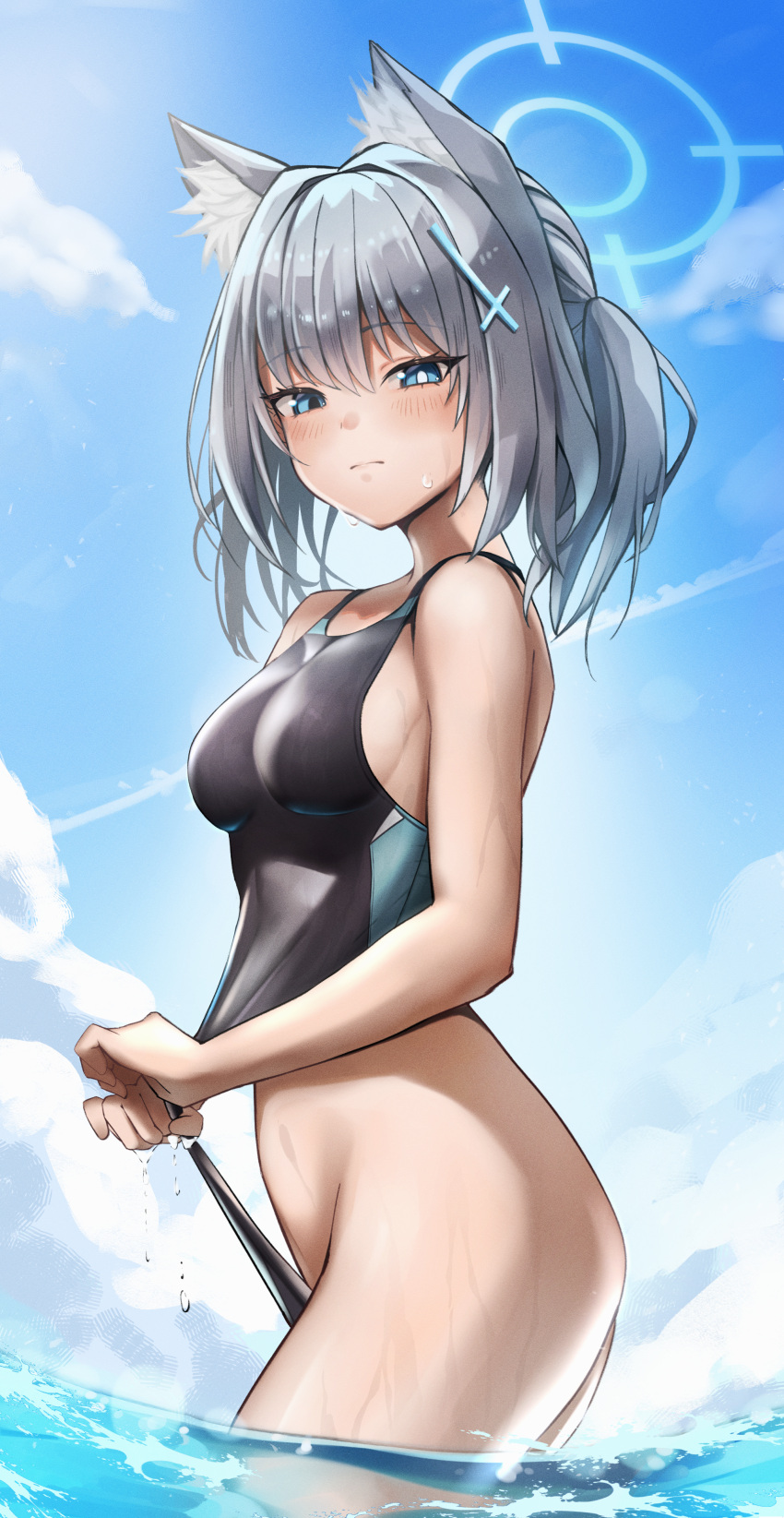 absurdres animal_ears bare_arms bare_legs bare_shoulders beach black_one-piece_swimsuit blue_archive blue_eyes blue_halo blue_sky blush breasts closed_mouth cloud commentary competition_swimsuit cowboy_shot cross_hair_ornament day female grey_hair hair_ornament halo highres kuromiz medium_breasts medium_hair mismatched_pupils ocean official_alternate_costume one-piece_swimsuit outdoors shiroko_(blue_archive) shiroko_(swimsuit)_(blue_archive) sky solo swimsuit wading wolf_ears