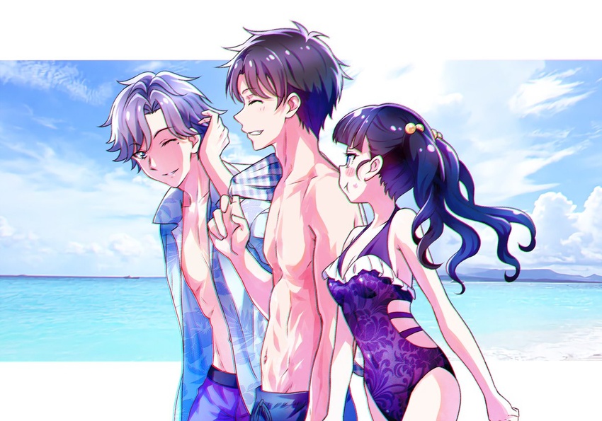 2boys :t adjusting_hair bare_arms beach black_hair blue_hair blue_male_swimwear blue_shirt blush breasts brother_and_sister brothers casual_one-piece_swimsuit cleavage closed_eyes collarbone covered_navel delicious_party_precure female floating_hair from_side gradient_hair grey_hair grin hawaiian_shirt kasai_amane kasai_mitsuki kasai_yuan kyoutsuugengo long_hair male_swimwear medium_breasts mole mole_under_eye multicolored_hair multiple_boys ocean one-piece_swimsuit one_eye_closed open_clothes open_shirt outdoors precure profile purple_male_swimwear purple_one-piece_swimsuit shirt short_hair siblings smile summer swimsuit twins walking