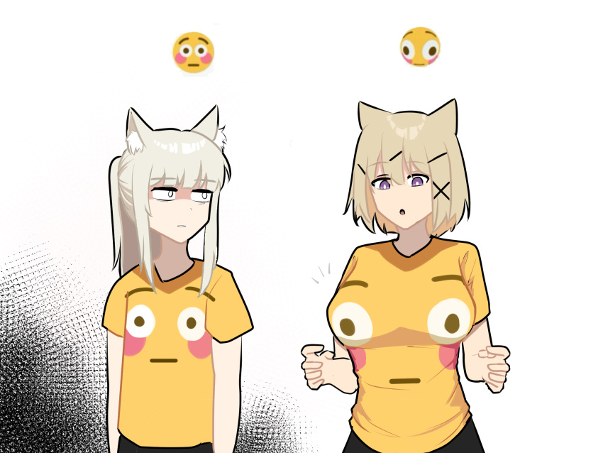 2girls :o alternate_costume animal_ears arknights blonde_hair breast_envy breasts commentary emoji english_commentary flushed_face_emoji flushed_face_emoji_shirt_(meme) highres large_breasts long_hair looking_at_another meme multiple_girls platinum_(arknights) shirt short_hair tofudofu upper_body utage_(arknights) white_background white_eyes yellow_shirt