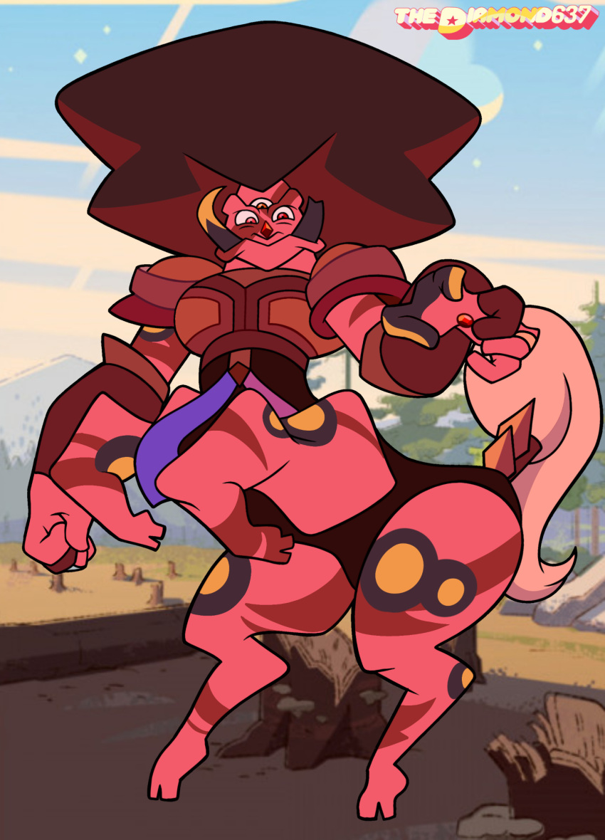 3_eyes alien alien_humanoid ambiguous_gender armor cartoon_network centaur cloven_hooves detailed_background equid equid_taur fan_character frown fusion garnet_(steven_universe) gem gem_(species) gem_fusion hair hi_res hooves humanoid humanoid_taur jasper_(steven_universe) mammal mammal_taur multi_eye red_body solo spots spotted_body steven_universe striped_body stripes style_parody tail taur thediamond637 toony tusks