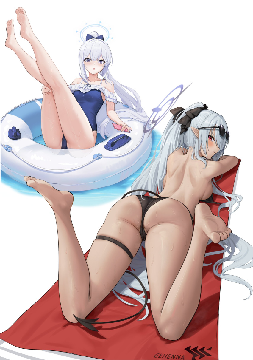 2girls absurdres ass back barefoot bikini black_bikini black_ribbon blue_archive blue_bow blue_one-piece_swimsuit bow breasts cbmus cellphone dark-skinned_female dark_skin demon_tail eyewear_on_head feet foreshortening frilled_one-piece_swimsuit frills grey_hair hair_ribbon hairbow highres innertube iori_(blue_archive) iori_(swimsuit)_(blue_archive) kneepits lying miyako_(blue_archive) miyako_(swimsuit)_(blue_archive) multiple_girls official_alternate_costume on_stomach one-piece_swimsuit phone pointy_ears ponytail purple_eyes red_eyes ribbon small_breasts smartphone soles sunglasses swim_ring swimsuit tail the_pose thighs toes twintails white_hair